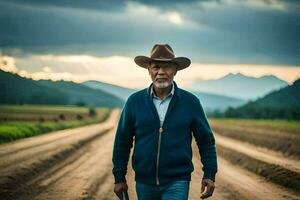 an older man in a cowboy hat walking down a dirt road. AI-Generated photo