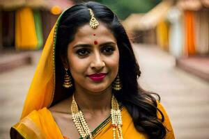 a beautiful indian woman in a yellow sari. AI-Generated photo