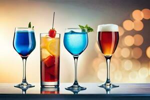 four different colored drinks in glasses on a table. AI-Generated photo