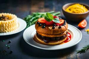 a hamburger with berries and tomatoes on a plate. AI-Generated photo