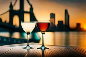 dos lentes de vino en un mesa en frente de un ciudad horizonte. generado por ai foto