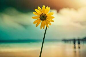 a single yellow flower stands on the beach. AI-Generated photo