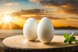 dos huevos en un de madera plato con un puesta de sol en el antecedentes. generado por ai foto