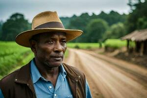 a man in a hat stands on a dirt road. AI-Generated photo