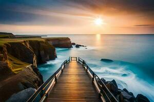 the sun rises over the ocean and the boardwalk leading to the cliffs. AI-Generated photo