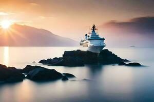 a yacht is sitting on rocks at sunset. AI-Generated photo