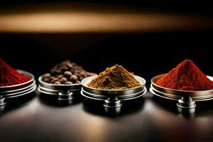 various spices in metal bowls on a black background. AI-Generated photo