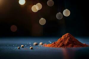 a pile of spices on a table with bokeh lights. AI-Generated photo
