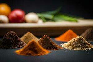 a variety of spices and spices on a cutting board. AI-Generated photo