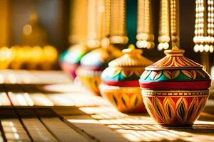 colorful vases are lined up on a wooden table. AI-Generated photo
