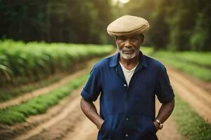 an older man standing in a field with a hat on. AI-Generated photo