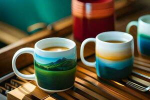 three coffee cups with a mountain scene on them. AI-Generated photo