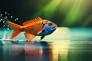 a fish is running on the water with sunlight coming from behind. AI-Generated photo