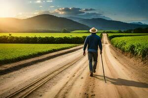 a man walking on a dirt road with cane. AI-Generated photo