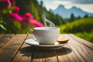 a cup of coffee on a wooden table with a view of the mountains. AI-Generated photo