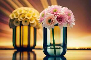 two vases with flowers in them on a table. AI-Generated photo