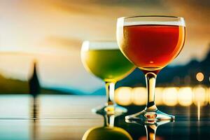 two glasses of different colored drinks on a table. AI-Generated photo