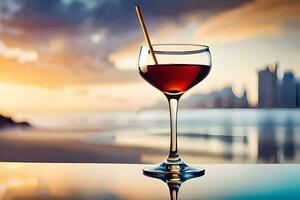 un vaso de vino en un mesa en frente de un ciudad horizonte. generado por ai foto