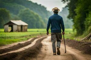 un hombre caminando abajo un suciedad la carretera con un caña. generado por ai foto