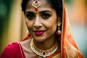 a beautiful indian woman wearing a red sari. AI-Generated photo