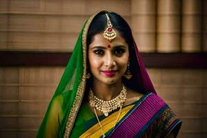 a beautiful indian woman in a colorful sari. AI-Generated photo