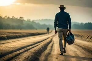 a man walking down a dirt road with a suitcase. AI-Generated photo