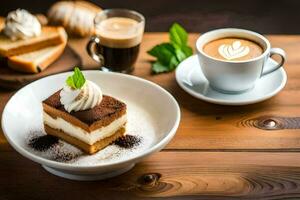 coffee and dessert on a wooden table. AI-Generated photo