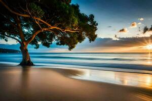 a tree on the beach at sunset. AI-Generated photo