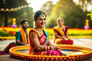 a beautiful indian bride sitting in a bowl of water. AI-Generated photo