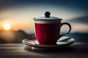 coffee cup on a wooden table with sunset in the background. AI-Generated photo