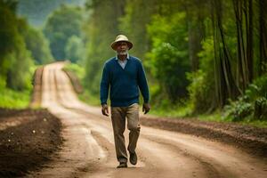 un más viejo hombre caminando abajo un suciedad la carretera en el medio de un bosque. generado por ai foto