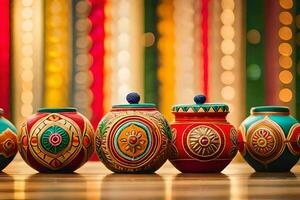 colorful diyas lined up on a table. AI-Generated photo