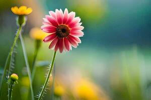 a pink flower is standing in front of a green field. AI-Generated photo