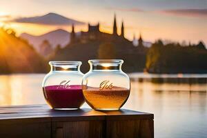 two jars of liquid sitting on a wooden table with a lake in the background. AI-Generated photo