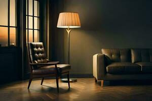 un cuero silla y lámpara en un oscuro habitación. generado por ai foto