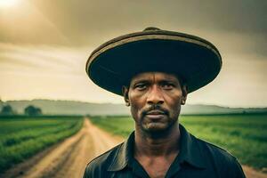 a man wearing a hat stands in a dirt road. AI-Generated photo