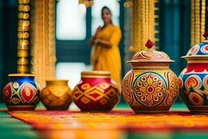 a woman in yellow standing in front of colorful pots. AI-Generated photo