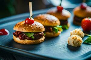 small hamburgers with cherry on top on a black tray. AI-Generated photo