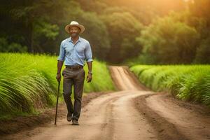 africano hombre caminando en un suciedad la carretera. generado por ai foto