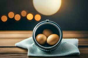 Tres huevos en un metal cuenco en un mesa. generado por ai foto