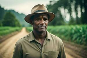 un hombre vistiendo un sombrero soportes en un campo. generado por ai foto