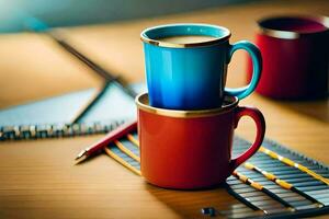 dos vistoso café tazas en un mesa. generado por ai foto