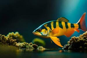 un pescado con amarillo y negro rayas nadando en el agua. generado por ai foto