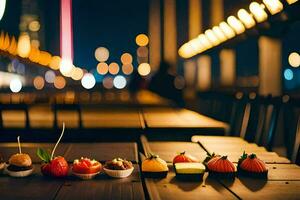 desserts on a table at night. AI-Generated photo