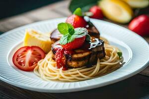 a plate with spaghetti and meat on it. AI-Generated photo