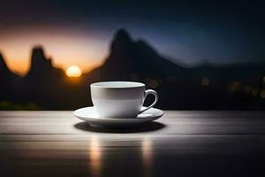 un taza de café en un mesa en frente de un montaña. generado por ai foto