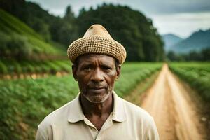 a man in a hat stands in a field. AI-Generated photo