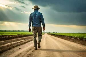 a man in a hat walks down a dirt road. AI-Generated photo