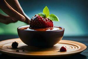 chocolate dessert with strawberries and mint. AI-Generated photo