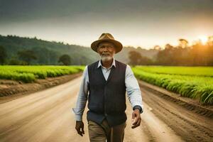 an elderly man walking down a dirt road. AI-Generated photo